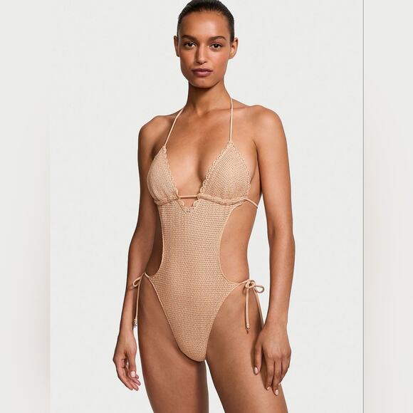 NWT Victoria’s Secret Crochet Monokini One Piece Swimsuit Toasted Sugar‎ XS - Picture 1 of 8